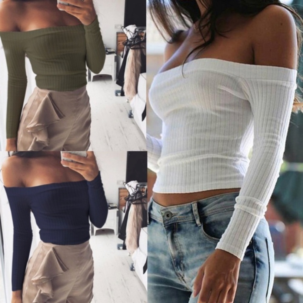 Off Shoulder Long Sleeve Crop Top